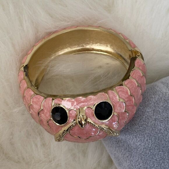 Chunky Enamel Owl Bracelet - Light Pink on Gold with Hinge #531 - Picture 4 of 5